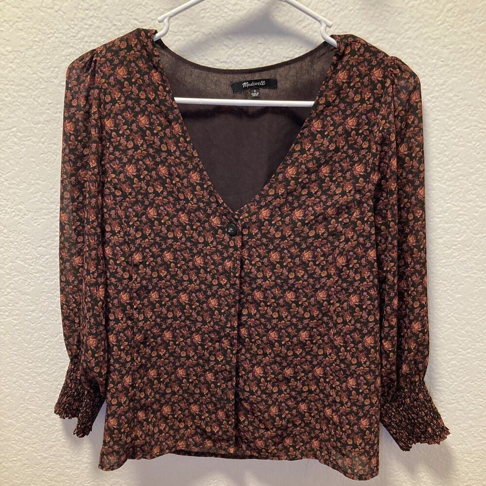 Madewell Resourced Orchard Floral Georgette Smocked Cuff Button Front Blouse 0